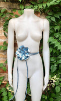 Flower leather belt in metallic LIGHT BLUE. Waist, overall or dress belt. Genuine leather. Silver blue rose belt. Large light blue flower.