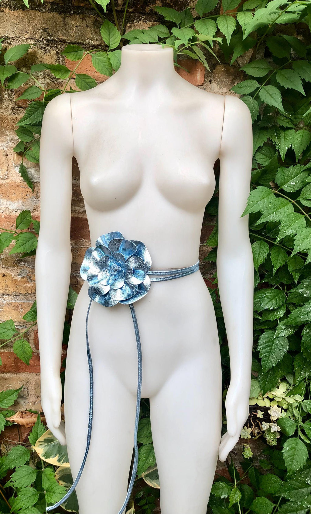 Flower leather belt in metallic LIGHT BLUE. Waist, overall or dress belt. Genuine leather. Silver blue rose belt. Large light blue flower.