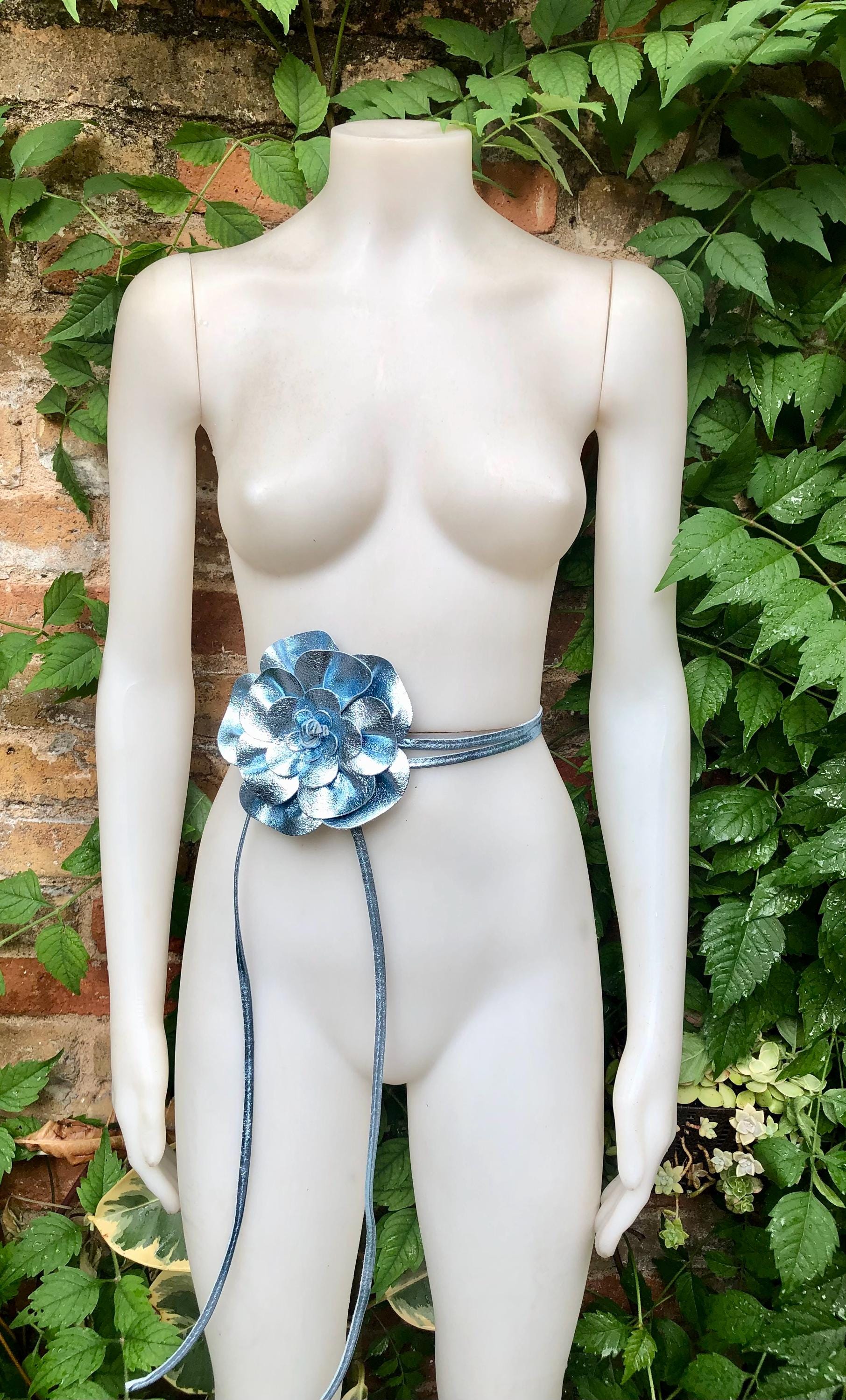 Flower leather belt in metallic LIGHT BLUE. Waist, overall or dress belt. Genuine leather. Silver blue rose belt. Large light blue flower.