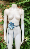Flower leather belt in metallic LIGHT BLUE. Waist, overall or dress belt. Genuine leather. Silver blue rose belt. Large light blue flower.
