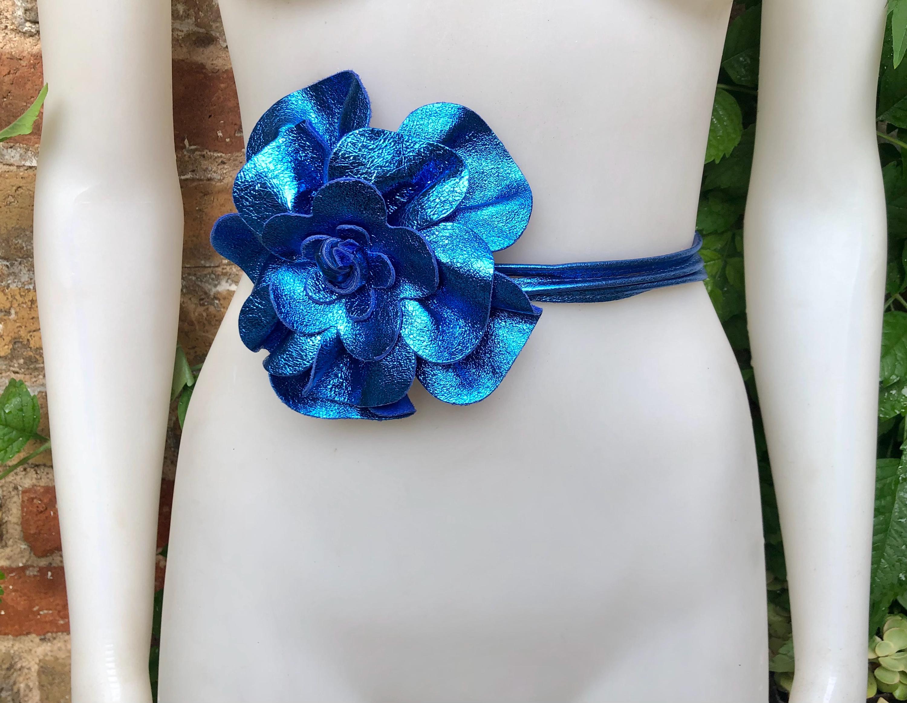 Flower leather belt in metallic ROYAL BLUE. Waist, overall or dress belt. Genuine leather. Cobalt blue rose belt. Large royal blue flower.