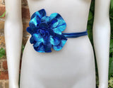 Flower leather belt in metallic ROYAL BLUE. Waist, overall or dress belt. Genuine leather. Cobalt blue rose belt. Large royal blue flower.