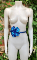 Flower leather belt in metallic ROYAL BLUE. Waist, overall or dress belt. Genuine leather. Cobalt blue rose belt. Large royal blue flower.