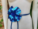 Flower leather belt in metallic ROYAL BLUE. Waist, overall or dress belt. Genuine leather. Cobalt blue rose belt. Large royal blue flower.