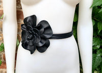 Flower leather belt in BLACK leather. Waist, overall or dress belt. Genuine leather. Black rose belt. Large black leather flower.