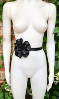 Flower leather belt in BLACK leather. Waist, overall or dress belt. Genuine leather. Black rose belt. Large black leather flower.
