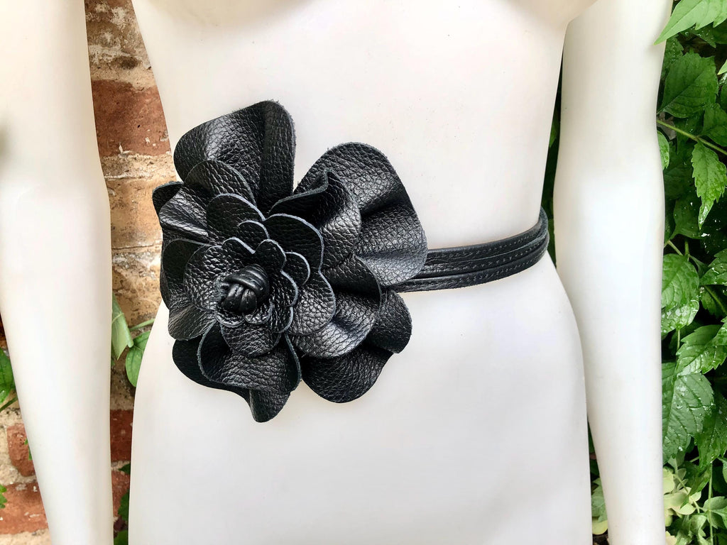 Flower leather belt in BLACK leather. Waist, overall or dress belt. Genuine leather. Black rose belt. Large black leather flower.