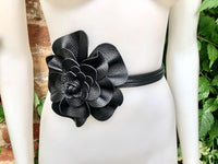 Flower leather belt in BLACK leather. Waist, overall or dress belt. Genuine leather. Black rose belt. Large black leather flower.