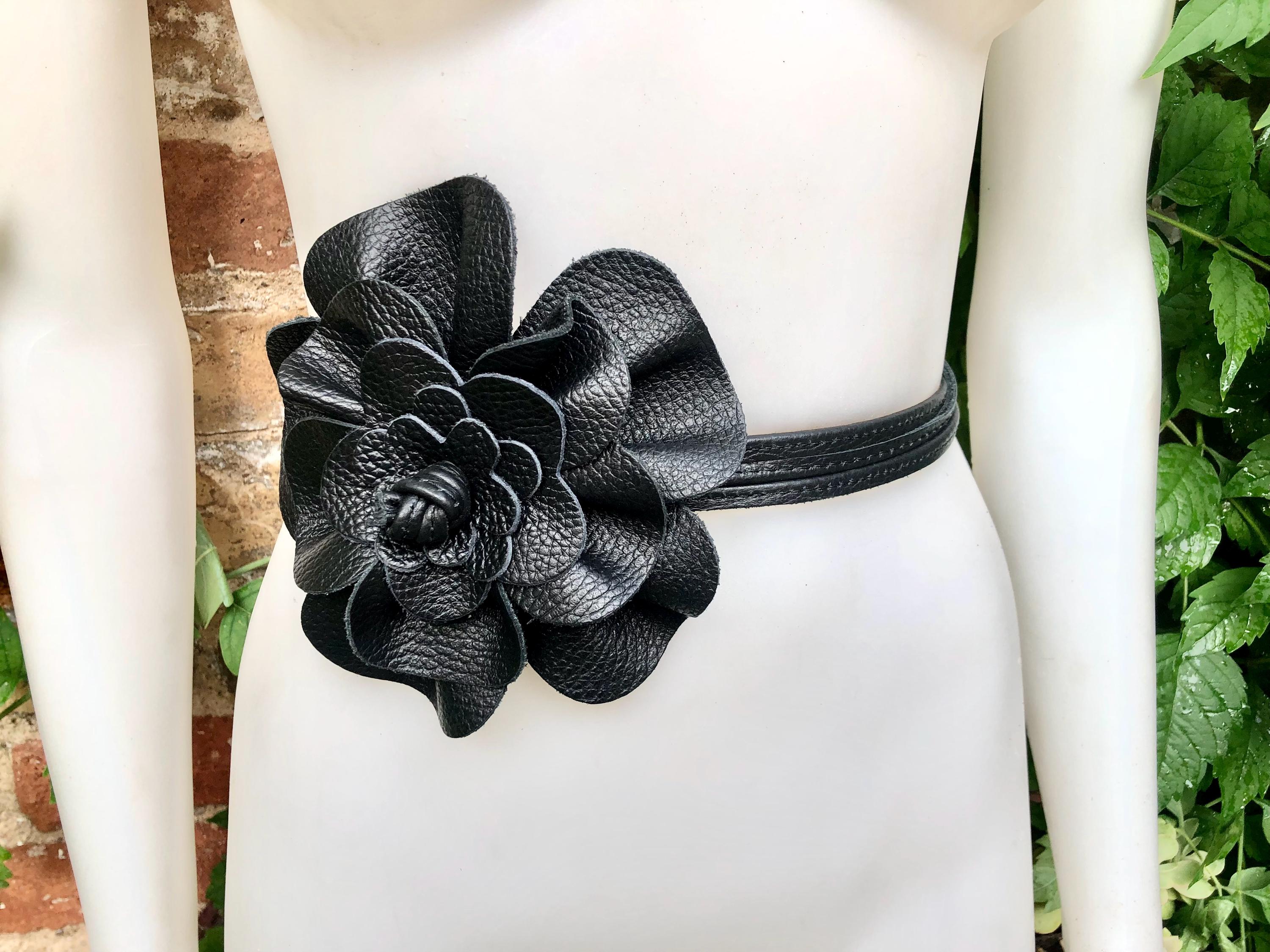 Flower leather belt in BLACK leather. Waist, overall or dress belt. Genuine leather. Black rose belt. Large black leather flower.