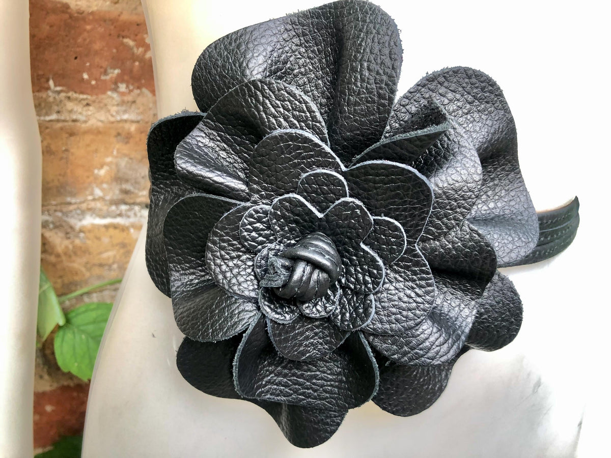 Flower leather belt in BLACK leather. Waist, overall or dress belt. Genuine leather. Black rose belt. Large black leather flower.