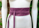 Raspberry purple wide suede belt. Genuine leather wrap purple - pink belt. Soft suede purple dress belt. Purple wraparound wide belt.