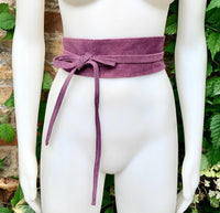 Raspberry purple wide suede belt. Genuine leather wrap purple - pink belt. Soft suede purple dress belt. Purple wraparound wide belt.