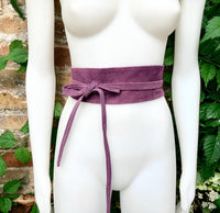 Raspberry purple wide suede belt. Genuine leather wrap purple - pink belt. Soft suede purple dress belt. Purple wraparound wide belt.
