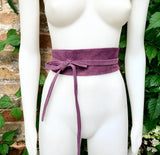 Raspberry purple wide suede belt. Genuine leather wrap purple - pink belt. Soft suede purple dress belt. Purple wraparound wide belt.