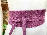Raspberry purple wide suede belt. Genuine leather wrap purple - pink belt. Soft suede purple dress belt. Purple wraparound wide belt.