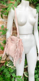 Light pink crossbody fringed bag. Dusty pink BOHO suede leather bag with FRINGES. Soft genuine pink suede leather. Light pink suede purse.