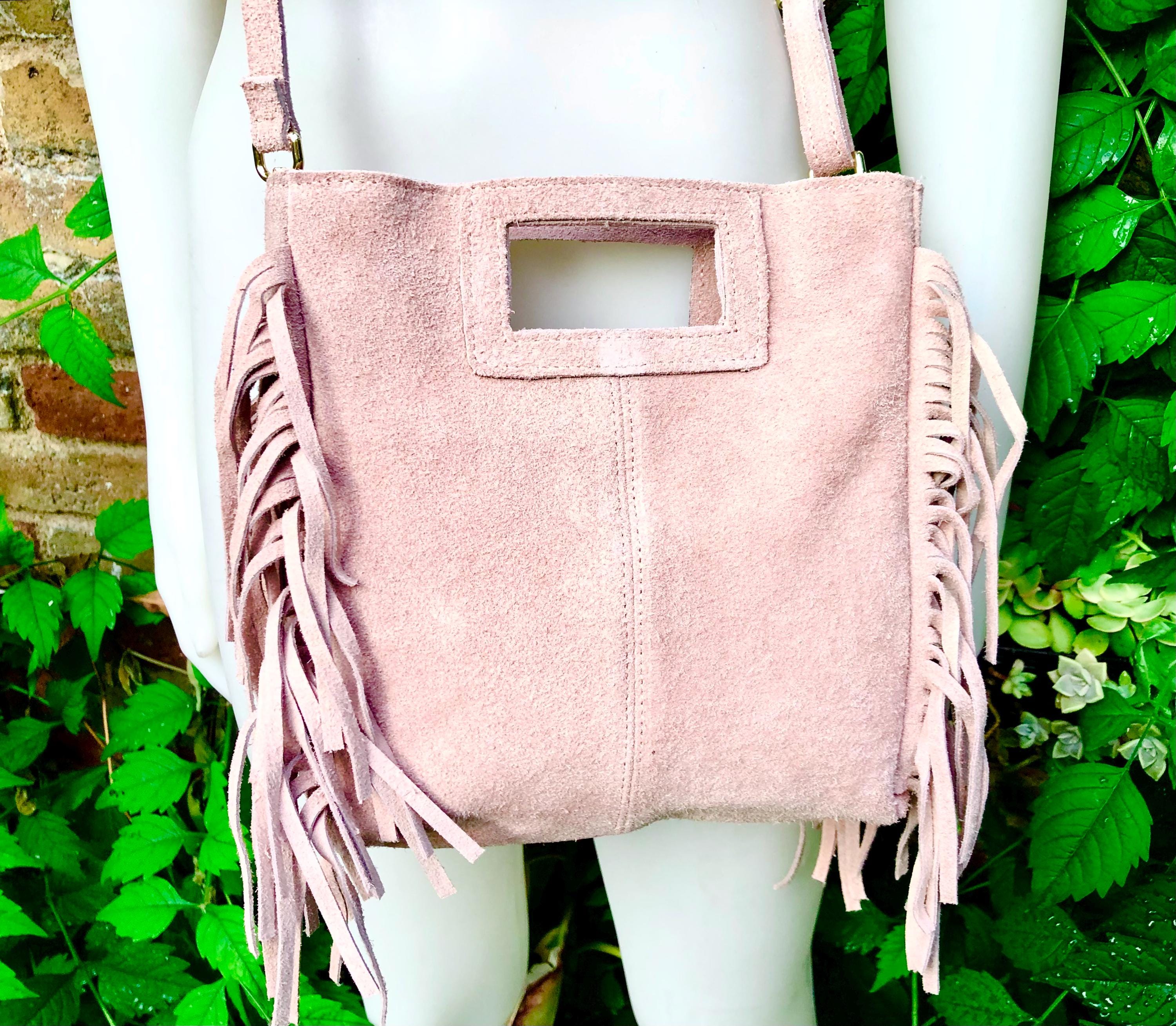 Light pink crossbody fringed bag. Dusty pink BOHO suede leather bag with FRINGES. Soft genuine pink suede leather. Light pink suede purse.
