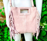 Light pink crossbody fringed bag. Dusty pink BOHO suede leather bag with FRINGES. Soft genuine pink suede leather. Light pink suede purse.