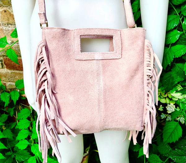 Light pink crossbody fringed bag. Dusty pink BOHO suede leather bag with FRINGES. Soft genuine pink suede leather. Light pink suede purse.