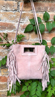 Light pink crossbody fringed bag. Dusty pink BOHO suede leather bag with FRINGES. Soft genuine pink suede leather. Light pink suede purse.