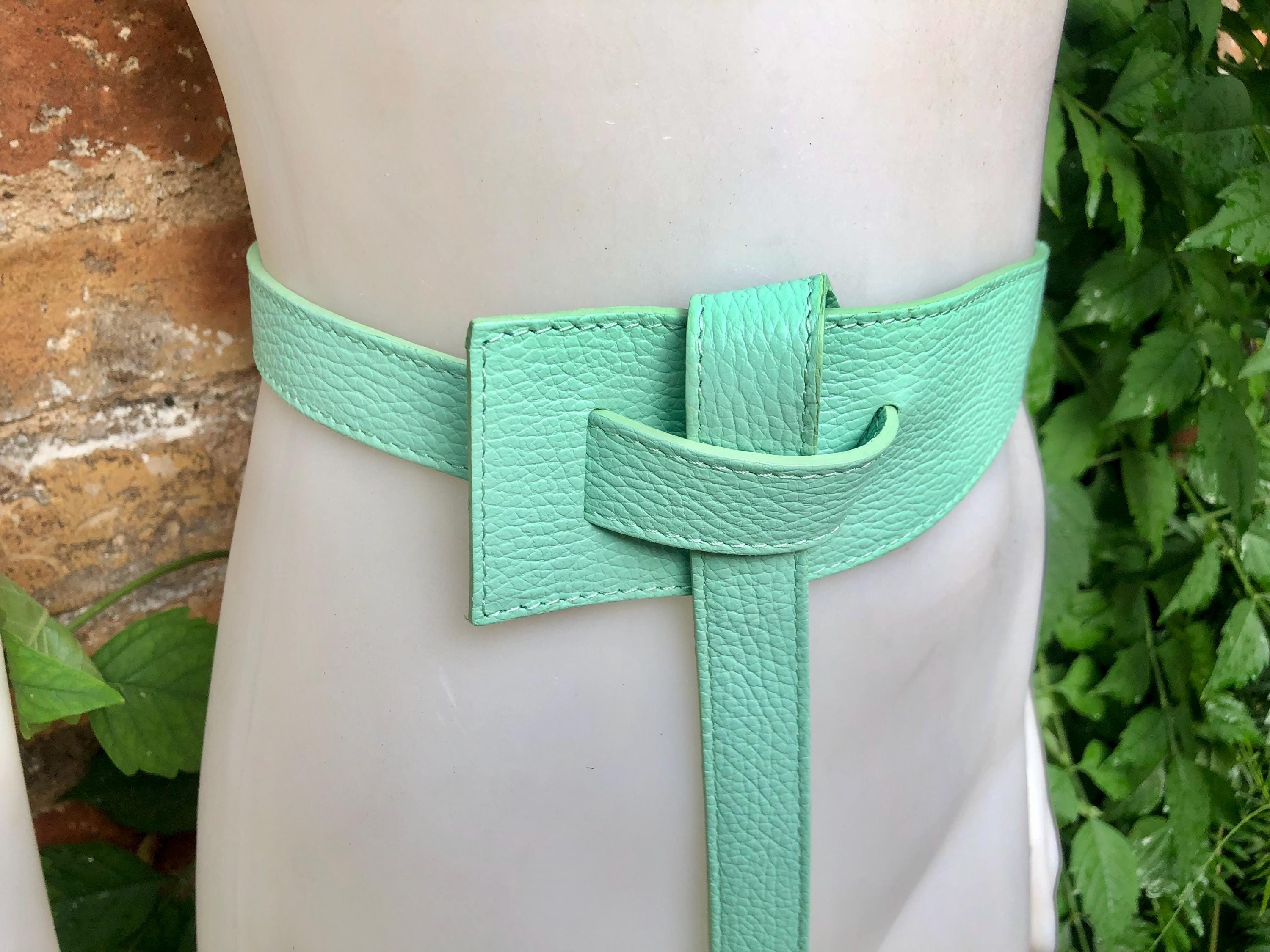 Wrap belt in AQUA blue-green. Genuine leather 80s style obi belt. Light turquoise waist belt. Green wraparound belt. Aqua dress belt