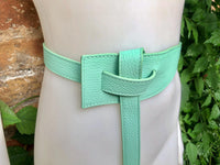 Wrap belt in AQUA blue-green. Genuine leather 80s style obi belt. Light turquoise waist belt. Green wraparound belt. Aqua dress belt