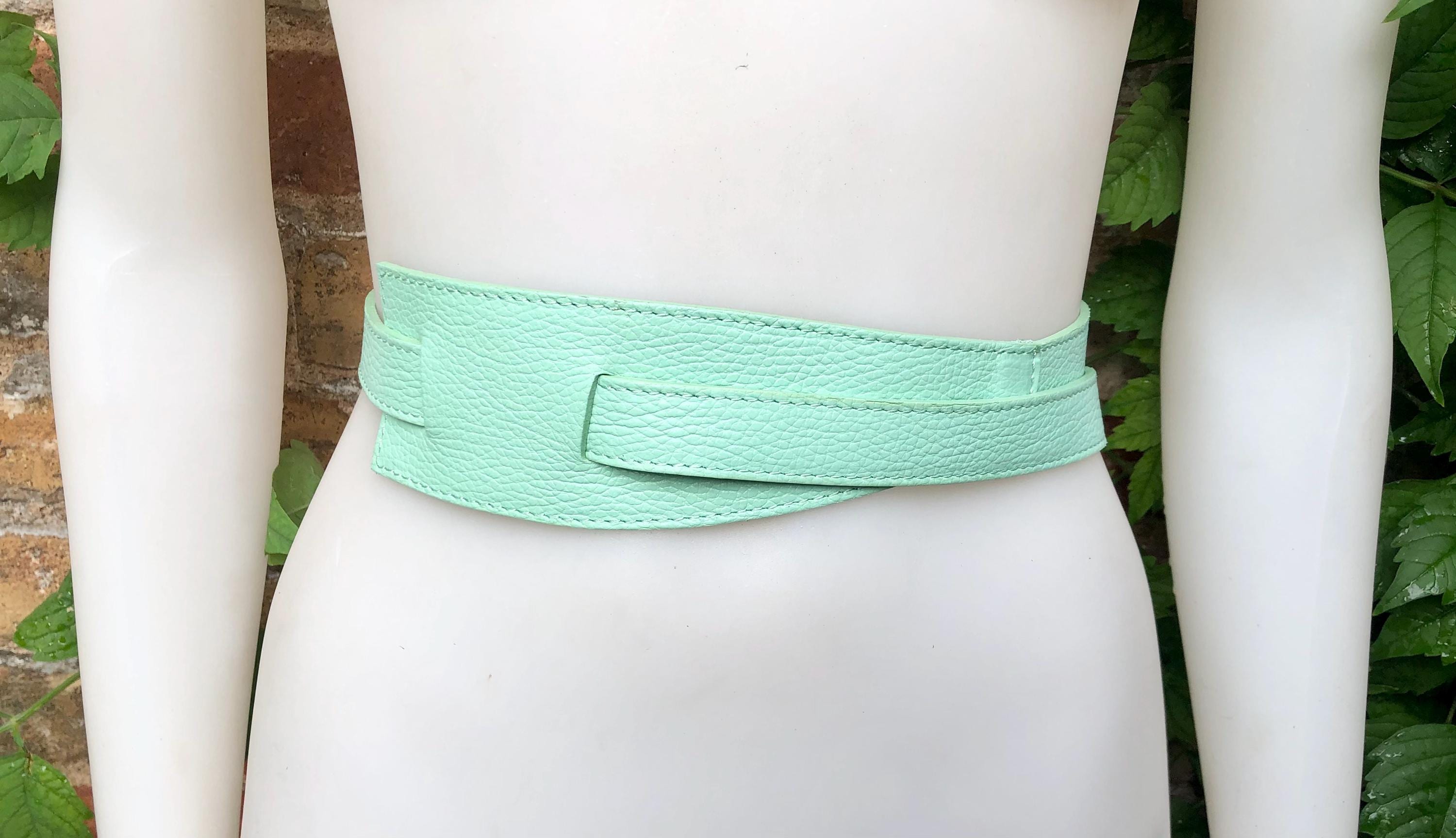 Wrap belt in AQUA blue-green. Genuine leather 80s style obi belt. Light turquoise waist belt. Green wraparound belt. Aqua dress belt
