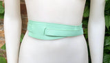 Wrap belt in AQUA blue-green. Genuine leather 80s style obi belt. Light turquoise waist belt. Green wraparound belt. Aqua dress belt