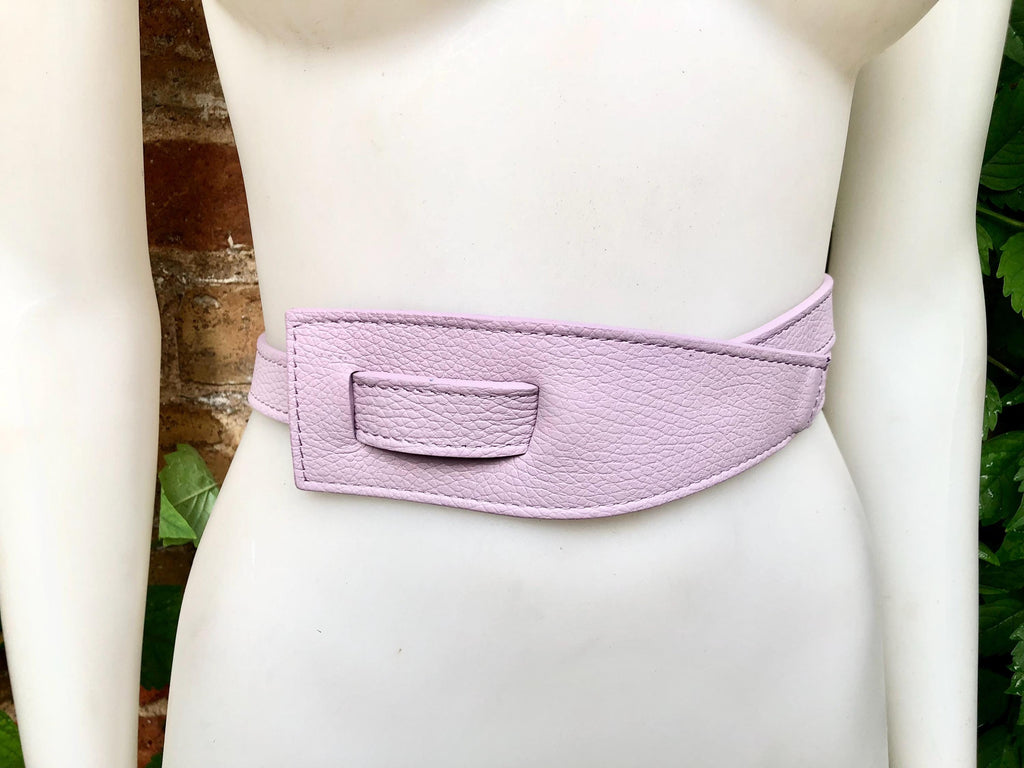Wrap belt in light PURPLE. Genuine leather 80s style obi belt. Light mauve waist belt. Lavender wraparound belt. Purple dress belt