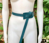 Wrap belt in TEAL blue-green. Genuine leather 80s style obi belt. Teal color waist belt. Green wraparound belt. Teal blue dress belt