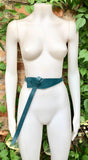 Wrap belt in TEAL blue-green. Genuine leather 80s style obi belt. Teal color waist belt. Green wraparound belt. Teal blue dress belt