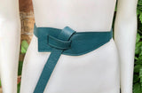 Wrap belt in TEAL blue-green. Genuine leather 80s style obi belt. Teal color waist belt. Green wraparound belt. Teal blue dress belt