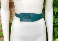 Wrap belt in TEAL blue-green. Genuine leather 80s style obi belt. Teal color waist belt. Green wraparound belt. Teal blue dress belt