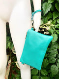 Small turquoise blue - green leather bag. GENUINE leather dark aqua crossbody / shoulder bag. Green leather purse with adjustable strap.