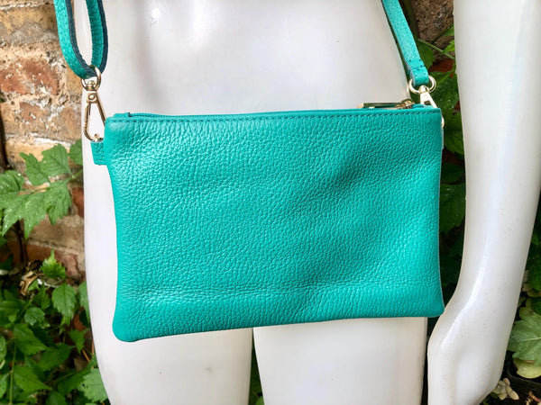 Small turquoise blue - green leather bag. GENUINE leather dark aqua crossbody / shoulder bag. Green leather purse with adjustable strap.