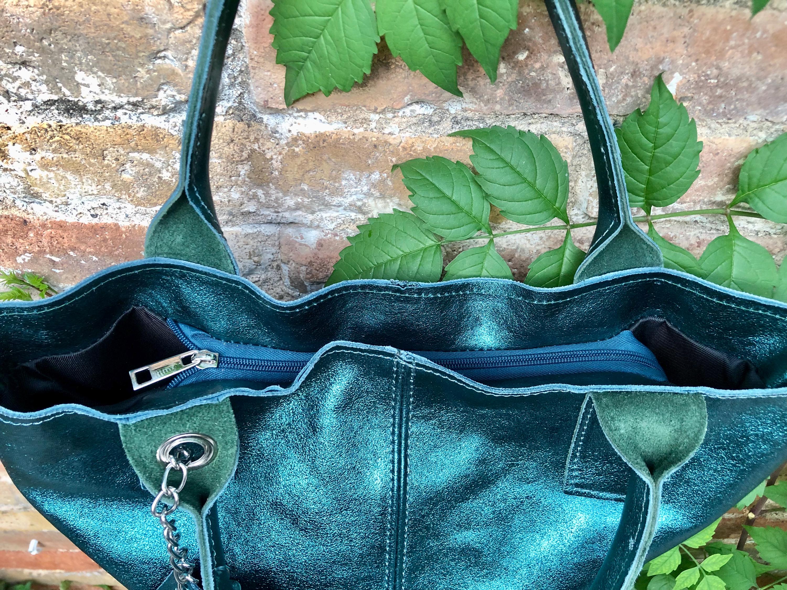 Teal blue - green tote leather shopper in GENUINE leather. Metallic shine finish. Blue carry all bag for your laptop, books + lining.
