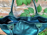 Teal blue - green tote leather shopper in GENUINE leather. Metallic shine finish. Blue carry all bag for your laptop, books + lining.