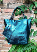 Teal blue - green tote leather shopper in GENUINE leather. Metallic shine finish. Blue carry all bag for your laptop, books + lining.
