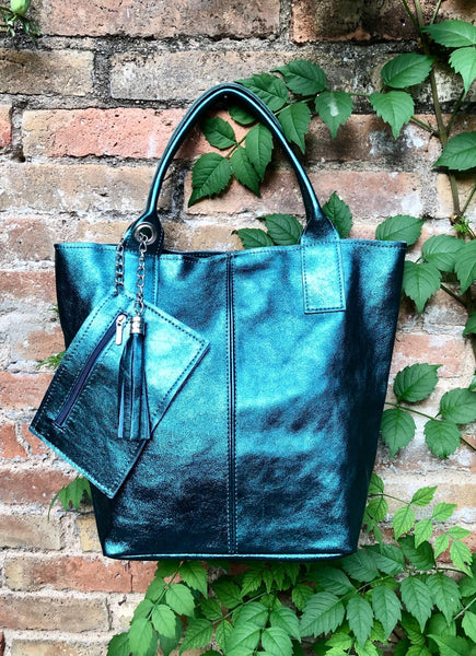 Teal blue - green tote leather shopper in GENUINE leather. Metallic shine finish. Blue carry all bag for your laptop, books + lining.