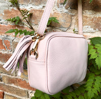 Small leather bag in light pink. Cross body bag, shoulder bag in GENUINE leather. Soft pink leather bag. Pink and gold leather purse.