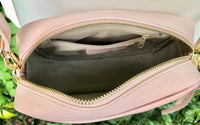 Small leather bag in light pink. Cross body bag, shoulder bag in GENUINE leather. Soft pink leather bag. Pink and gold leather purse.