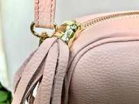 Small leather bag in light pink. Cross body bag, shoulder bag in GENUINE leather. Soft pink leather bag. Pink and gold leather purse.