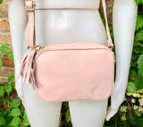 Small leather bag in light pink. Cross body bag, shoulder bag in GENUINE leather. Soft pink leather bag. Pink and gold leather purse.