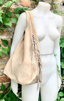 Beige slouchy bag. Large tote leather bag with zipper + FRINGES. Genuine leather bag. Beige laptop bags. Large shopper leather bag.