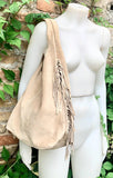 Beige slouchy bag. Large tote leather bag with zipper + FRINGES. Genuine leather bag. Beige laptop bags. Large shopper leather bag.