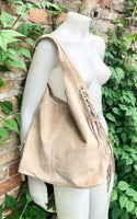 Beige slouchy bag. Large tote leather bag with zipper + FRINGES. Genuine leather bag. Beige laptop bags. Large shopper leather bag.