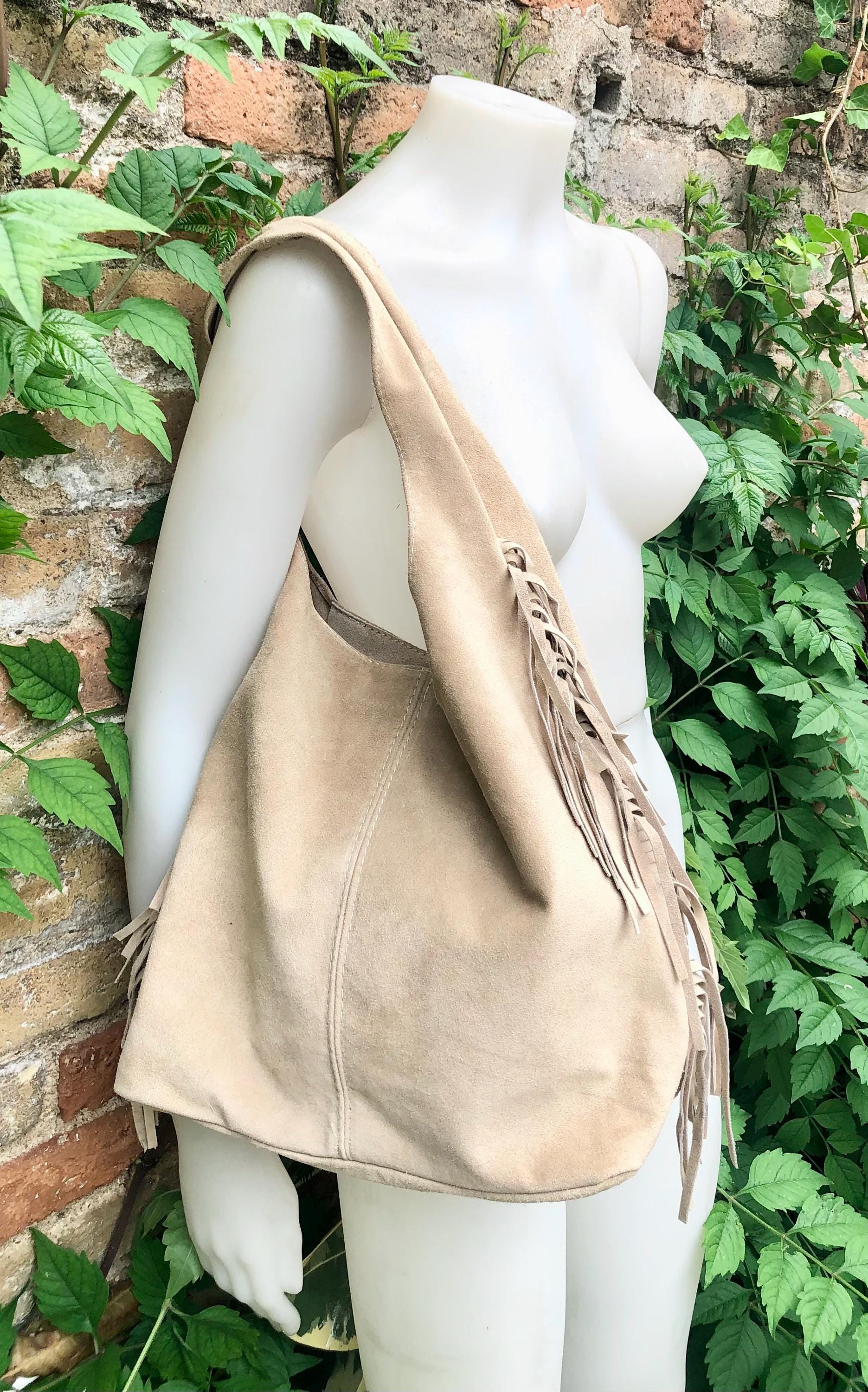 Beige slouchy bag. Large tote leather bag with zipper + FRINGES. Genuine leather bag. Beige laptop bags. Large shopper leather bag.