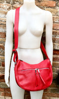 Crossbody leather bag in RED. Boho bag in genuine leather. Shoulder bag with zippers, adjustable strap and tassel. Red leather purse