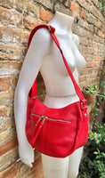 Crossbody leather bag in RED. Boho bag in genuine leather. Shoulder bag with zippers, adjustable strap and tassel. Red leather purse