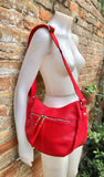 Crossbody leather bag in RED. Boho bag in genuine leather. Shoulder bag with zippers, adjustable strap and tassel. Red leather purse